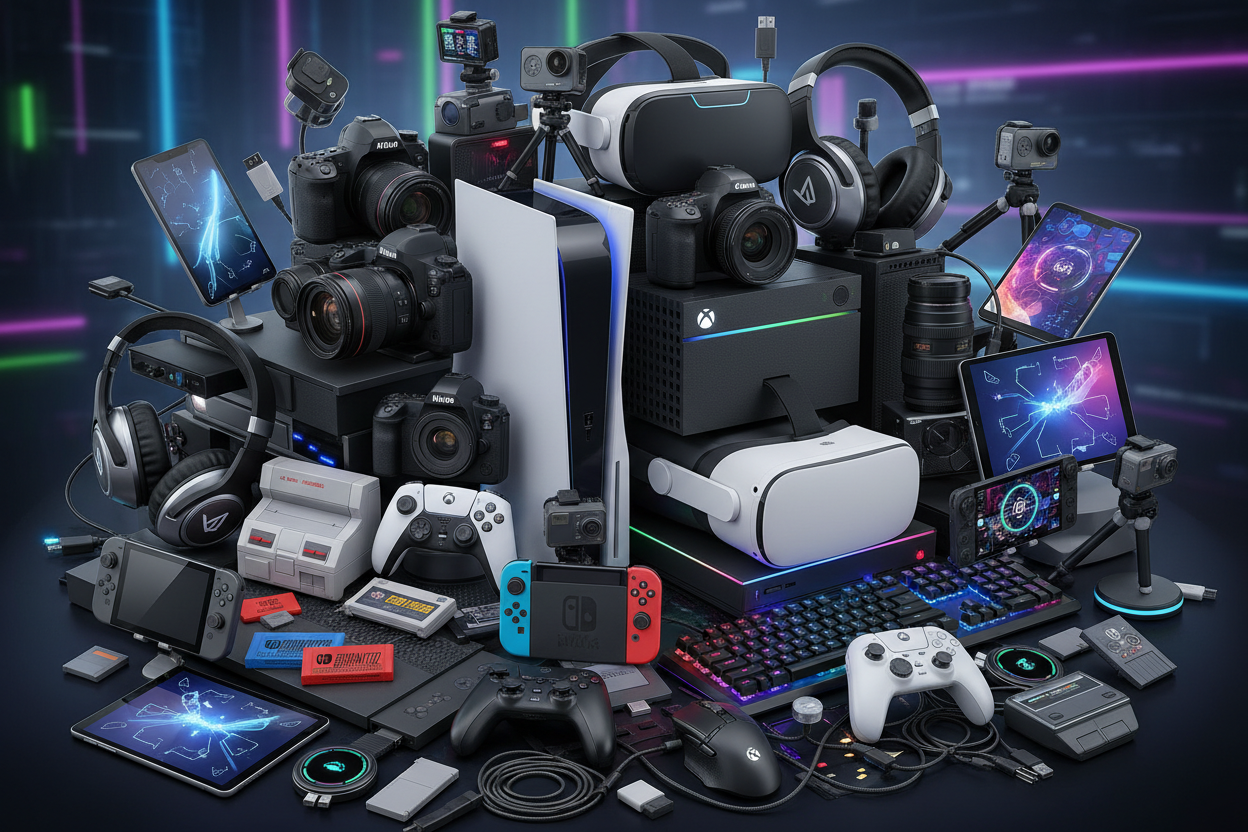 QUiero que diseñes una imagen co  artículos tecnológicos, que este lleno de cámaras, controles, consolas de videojuegos, etc